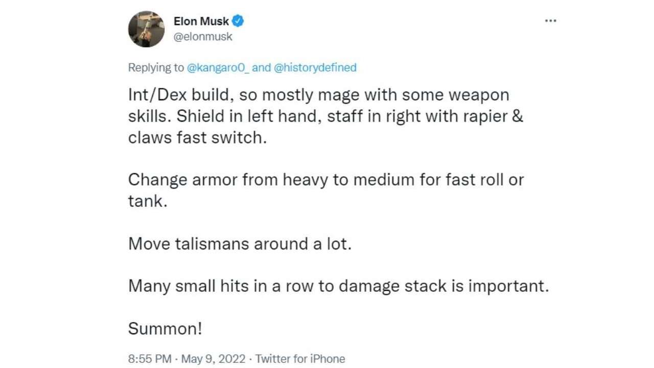Elon Musk rivela la sua build di Elden Ring, è polemica