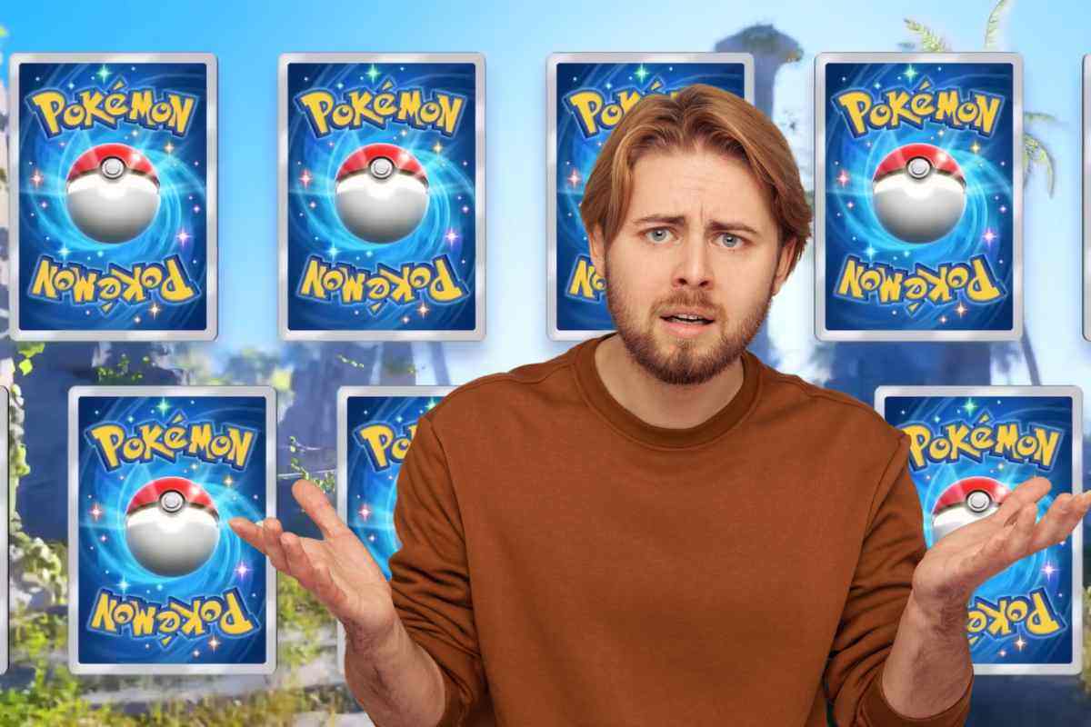 uomo sconvonto con sfondo di carte pokemon