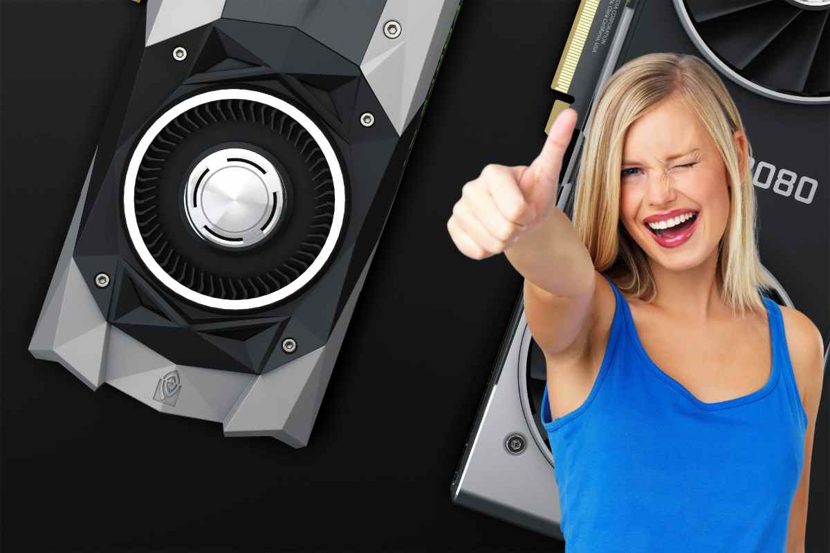 ragazza bionda che fa gesto dell'ok e scheda grafica