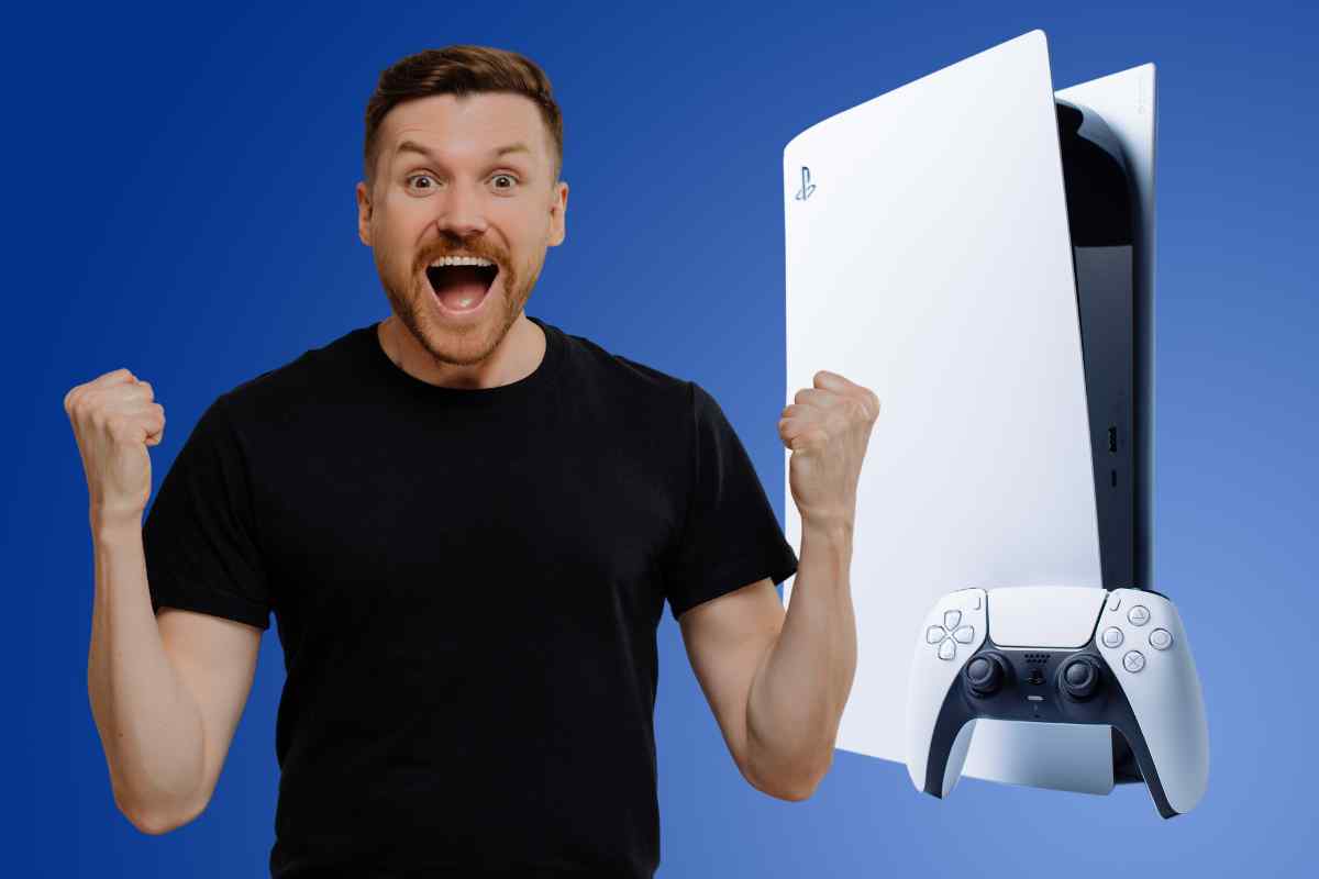 uomo contento e console ps5
