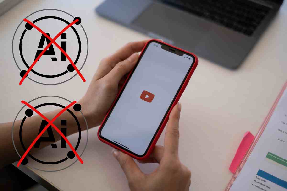 persona con youtube e simboli ia barrati