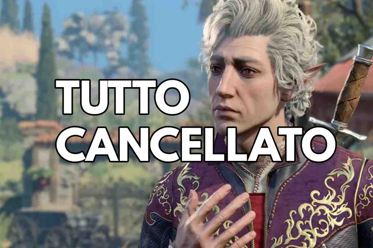 baldur's gate 4 vampiro con capelli bianchi sconvolto e scritta tutto cancellato