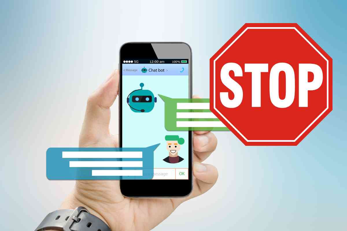 smartphone con immagini di un chatbot e simbolo stop