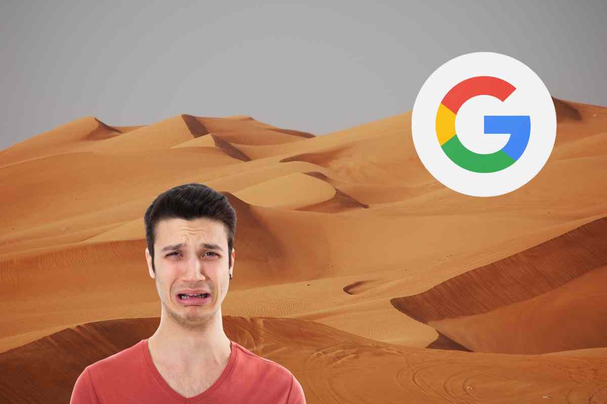 uomo che piange con deserto sullo sfondo e logo google
