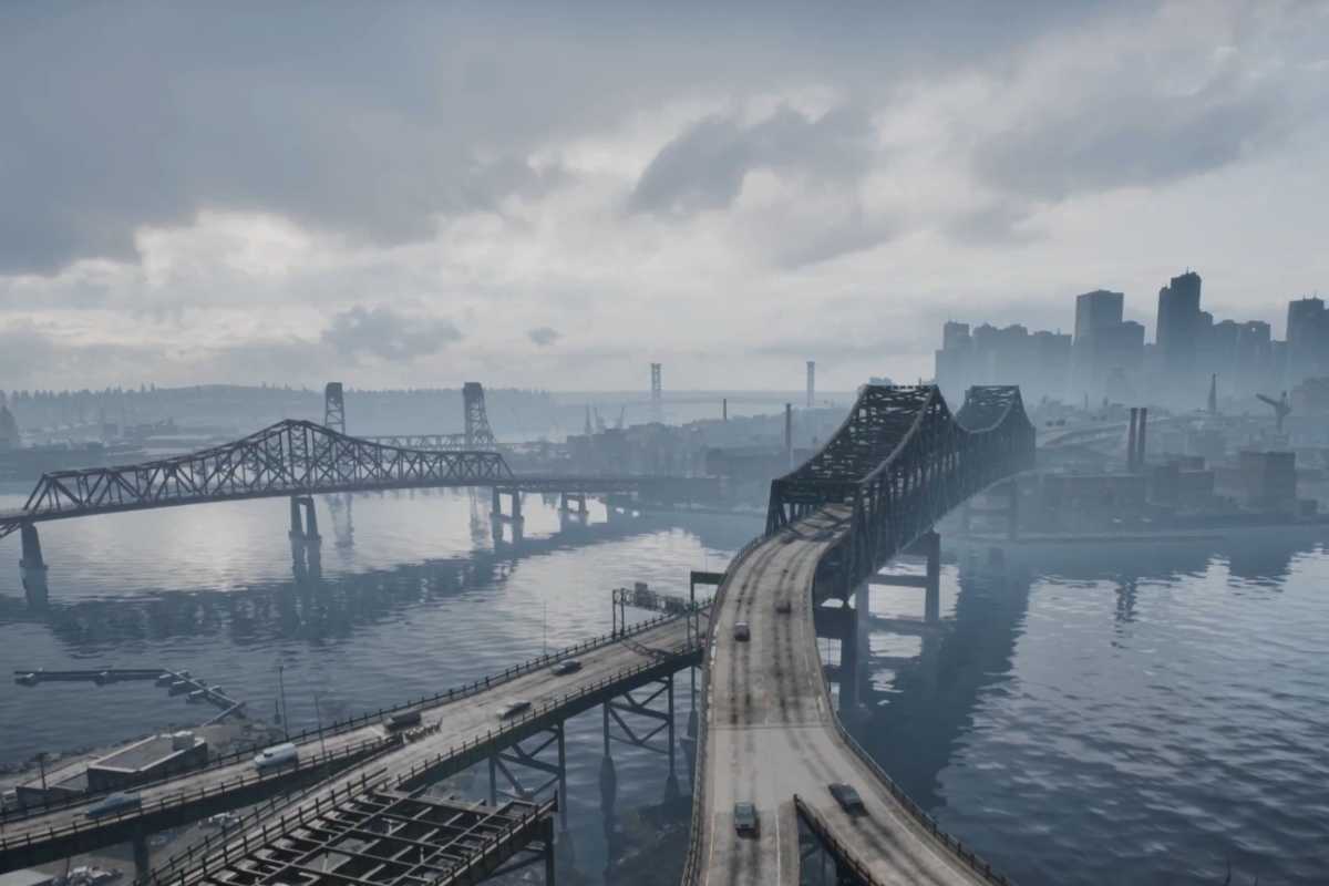 città di un videogioco con nebbia