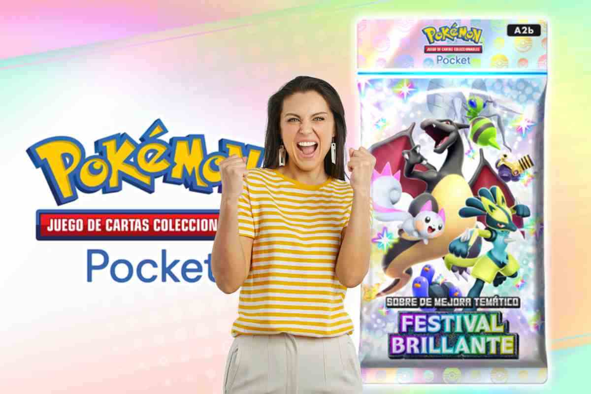 ragazza contenta e sullo sfondo logo pokemon pocket e bustina