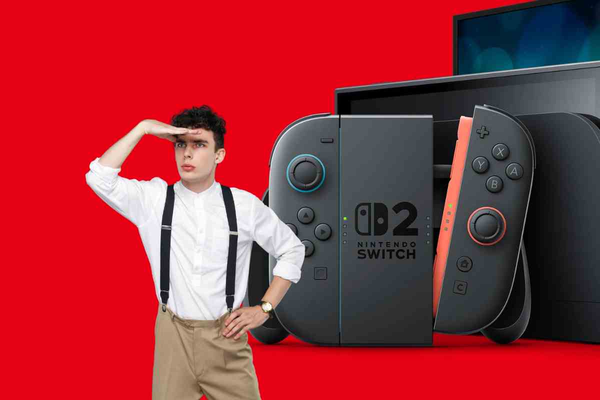 uomo che scruta l'orizzonte con switch 2 sullo sfondo