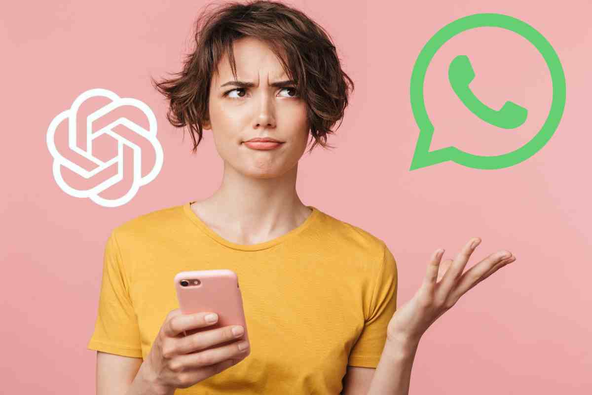 donna dubbiosa con telefono e icona whatsapp e chatgpt