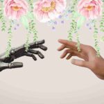 mano umana e robot con fiori