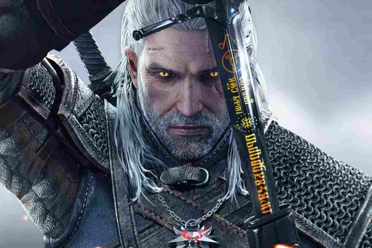 primo piano di geralt che sguaina la spada d'argento