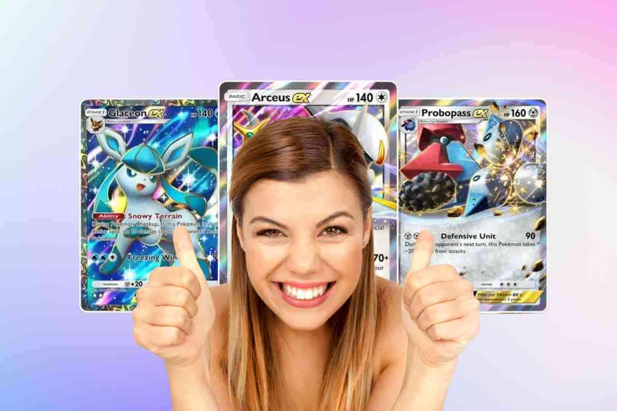 donna fa gesto ok con carte pokemon sullo sfondo