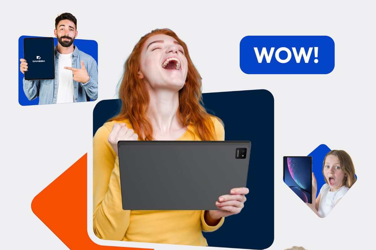 persone con tablet contente