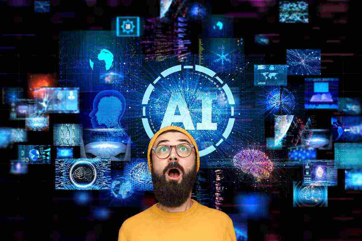 uomo a bocca aperta con sfondo di ia