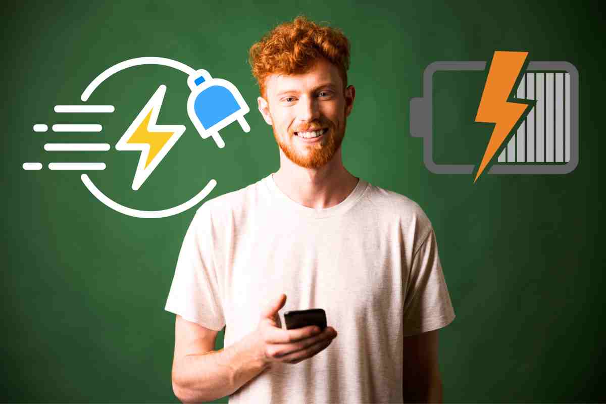 uomo che sorride con icone batterie